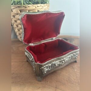 Antique-Style Silver Plated Red Ornate Red Velvet Lined Trinket Jewelry Box